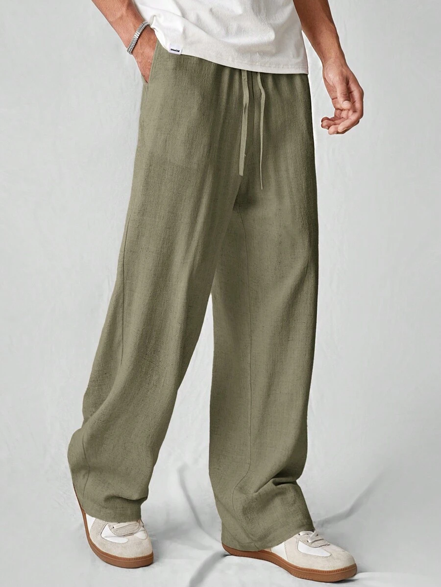 SWAVVY Men's Casual Solid Color Woven Loose Straight Linen-Like Pants, Fall - Army Green - View 1