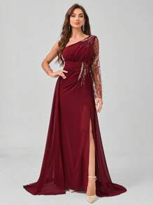 Women's Formal Evening Dress (Heavy Work Style) - 酒紅色 - 查看 5