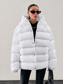 RueChic Plain Hooded Puffer Coat With Snap Button - White - View 4