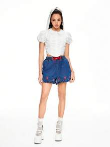 ROMWE Kawaii Summer Casual Strawberry Embroidered Tie Decor Ruffle Hem Denim Shorts