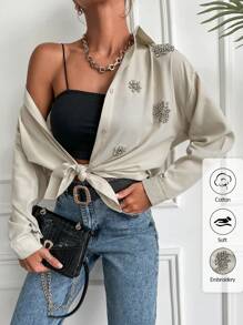 EURMUSE Rhinestone Detail Drop Shoulder Shirt - Beige - View 1