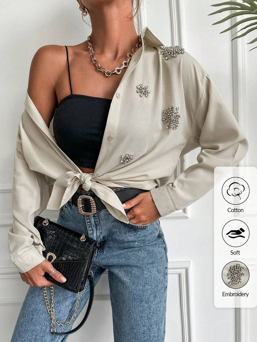 EURMUSE Rhinestone Detail Drop Shoulder Shirt - Beige - View 1