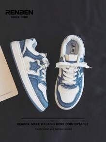 RENBEN 1 par Zapatos de patinaje y mezclilla con parches para mujer, con patrón de estrella vintage desgastado, casuales y cómodos