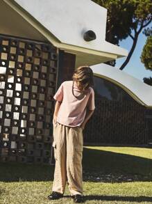 SHEIN Tween 男童亚麻褶皱休闲直筒裤，适合春夏季返校季 - 卡其色 - 查看 4