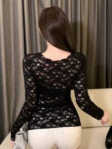 DAZY Women Lace See-Through Long Sleeve Blouse Sheer - Black - View 2