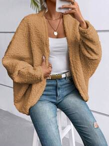 SHEIN LUNE Women's Loose Fit Casual Cardigan, Daily Wear - Khaki - View 3