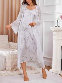 女士花卉印花吊带睡袍，配有蕾丝花边喇叭袖睡袍睡衣套装 - 白色 - 查看 6