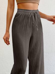 SHEIN Tall Tall Women's Solid Color Long Waist Drawstring Pants - Chocolate Brown - View 5
