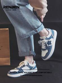 RENBEN 1 par Zapatos de patinaje y mezclilla con parches para mujer, con patrón de estrella vintage desgastado, casuales y cómodos
