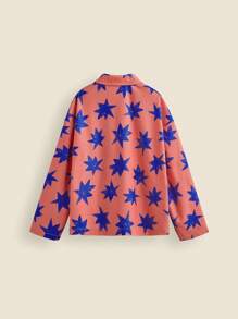 SHEIN Tween Girls Pink Star Print Fleece Casual Long Sleeve Jacket, Autumn & Winter - Coffee Brown - View 2