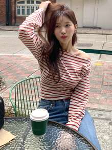DAZY Women's Striped Open Shoulder Loose Long Sleeve T-Shirt, Suitable For Christmas, Spring, Summer And Autumn
