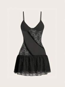 SHEIN X KeniaOs TrendSteals Asymmetrical Lace Patchwork Tight Mini Dress With See-Through Design And Ruffled Trim - Black - View 5