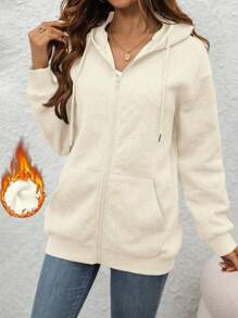 SHEIN LUNE Women's Solid Color Drawstring Hooded Drop Shoulder Long Sleeve Casual Jacket, Autumn/Winter - Apricot - View 4