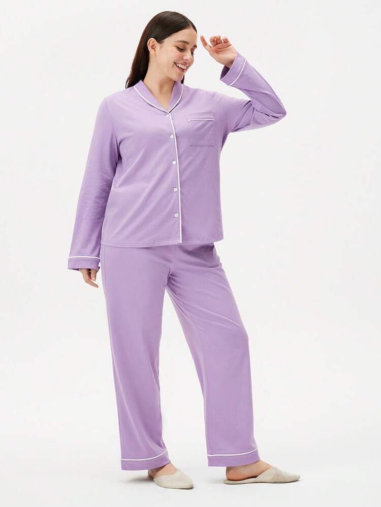 Autumn And Winter Women Purple Soft 100% Pure Cotton Basic Long Pajama Set For Women Lounge Sets For Women Pants With Pockets Clothes Cotton Pajamas