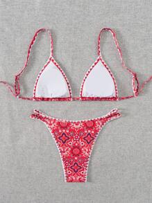 SHEIN Swim Summer Vacation Beach Paisley Print, Triangle Cup T-String Hemming Bikini Set - Multicolor - View 4