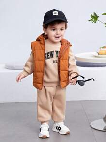 SHEIN 3 sztuki/zestaw chłopięcy ciepły jednolity kolor polarowa kamizelka, bluza z kapturem, zestaw długich spodni na jesień i zimę, odpowiedni na zewnątrz, narciarstwo