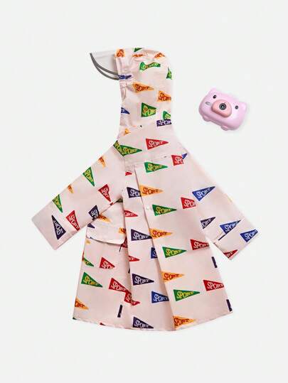 Girls Colorful Letter & Flag Allover Print Waterproof Hooded Raincoat
