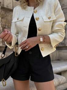 SHEIN Clasi 女裝純色簡約日常穿搭斜紋外套 - 杏色 - 查看 1