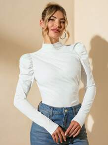 SHEIN BAE Women Solid Color Ruched Puff Sleeve Fitted Basic Top, Autumn - White - View 5