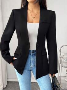 Chiquease Ladies' Spring And Autumn Solid Color Collarless Single-Breasted Elegant Suit Jacket , Black Blazer Fall Cloth For Women - Black - View 6