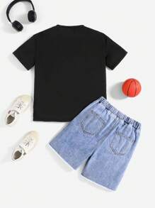 SHEIN Tween Boys' 2pcs/Set Cool Basketball Graphic Black T-Shirt And Ripped Frayed Loose  Denim Blue Shorts Set ,For Back To School Two-Piece Set - Multicolor - View 2
