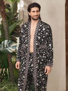 Manfinity Underwear&Sleepwear Basics 2pcs Men's Loungewear Set, Open Front Long Sleeve Top With Waist Tie And Allover Print Relaxed Fit Pants - Multicolor - View 5