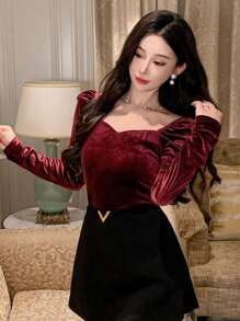 DAZY Women's Elegant Solid Color Puff Sleeve Thermal Lined Shirt, Autumn Long Sleeve Top