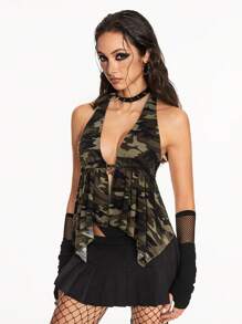 ROMWE Grunge Punk Top de tirantes finos con escote trasero para mujer con colgante con decoración de cruz de rhinestones con estilo Y2K