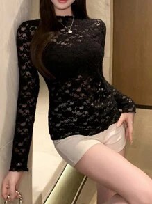 DAZY Women Lace See-Through Long Sleeve Blouse Sheer - Black - View 4