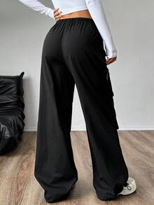 SHEIN Unity Women Drawstring Casual Cargo Pants With Striped Decor - Black - View 2