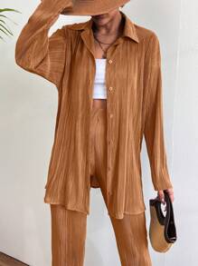 EURMUSE Solid Plisse Two-Piece Outfit - Brown - View 4