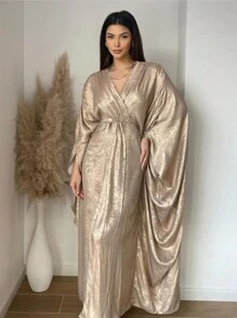 BamGleam Women's Solid V-Neck Batwing Sleeve Dress With Metallic Sheen, Spring/Summer - Gold - View 5