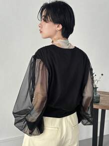 FRIFUL 女士网眼撞色灯笼袖单排扣 V 领休闲夹克 - 黑色 - 查看 5