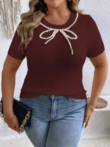 SHEIN LUNE Plus Size Women's Round Neck Short Sleeve Faux Pearl Decorated Knitted Top, Casual Daily Wear - Burgundy - View 3