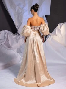 Glamrae Váy đuôi cá trễ vai hở vai hở eo, đính sequin màu sâm panh sang trọng & thanh lịch, tay áo lồng đèn cỡ lớn có thể tháo rời & đuôi váy, hoàn hảo cho tiệc đơn, đám cưới, sự kiện dạ hội trang trọng, váy dạ hội, cho khách dự tiệc cưới, tốt nghiệp, tiệc tối - Rượu sâm banh - Xem 5