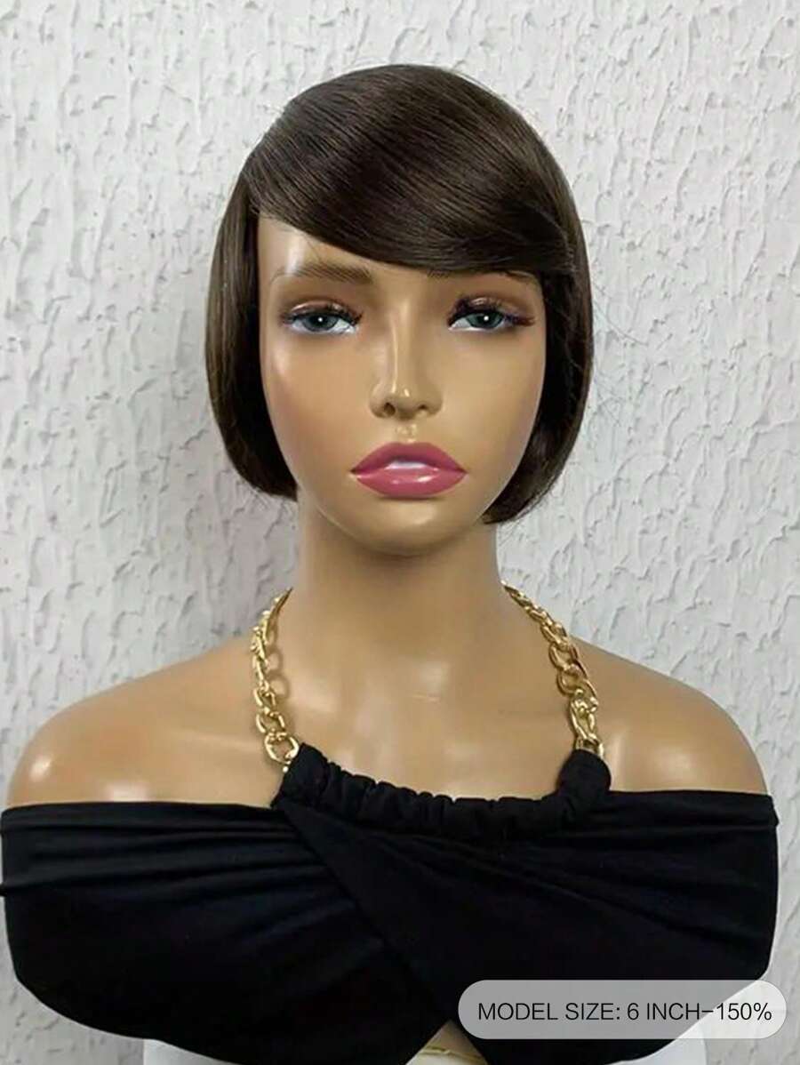 Machine Made Brown Color Short Lace Straight Bob With Bang Glueless Wig
