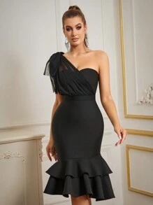 Zolique Black Asymmetrical Neck Mesh Floral Trim Cocktail Dress