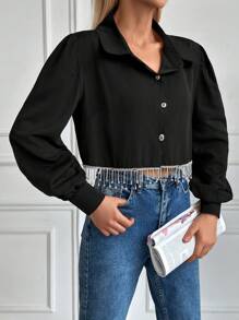 Cloudara Camisa Feminina Com Botões Manga Lanterna Em Cor Sólida - Preto - Ver 4
