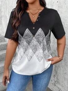 SHEIN LUNE 大码 V 领花卉印花短袖休闲 T 恤，夏季 - 彩色 - 查看 5