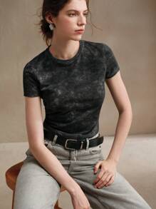 Anewsta Women Casual Tie-Dye Washed Effect Gray Fitted Cropped T-Shirt Graphic Tees Women Tops - Dark Grey - View 5