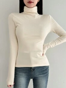 DAZY Women's Solid Color Turtleneck Long Sleeve Casual T-Shirt With Thermal Lined, Autumn Thermal Lined Thermal Lined,Winter - White - View 4