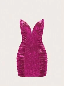 SHEIN X KeniaOs SHEIN ICON 女士絲絨皺褶貼身V領迷你連身裙 - 粉色 - 查看 5