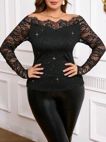 SHEIN Clasi Plus Size Off Shoulder Lace Patchwork Glitter T-Shirt - Black - View 4