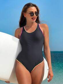 SHEIN Swim Summer Beach Contrast-Trimmed One-Piece Swimsuit - Black - View 5