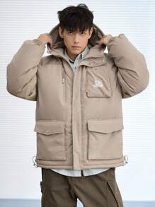 DAZY Men's Zip-Up Hooded Padded Coat With Letter Print, Winter Jacket - Khaki - View 7