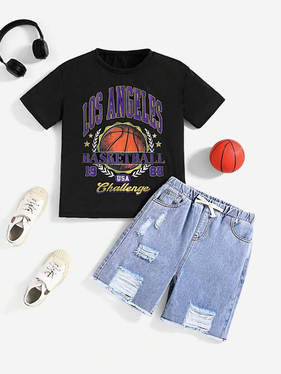 SHEIN Tween Boys' 2pcs/Set Cool Basketball Graphic Black T-Shirt And Ripped Frayed Loose Denim Blue Shorts Set ,For Back To School Two-Piece Set - Multicolor - View 1