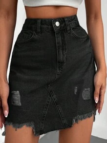 EURMUSE Women Summer Distressed Denim Skirt - Hitam - View 5