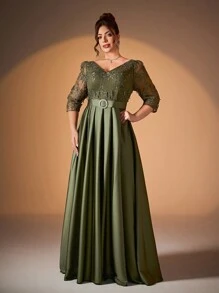 Plus Size Embroidered Lace Patchwork Satin Long Sleeve Dress With Crystal Buttons And Flared Hem, Bridesmaid Dress - 軍綠色 - 查看 6