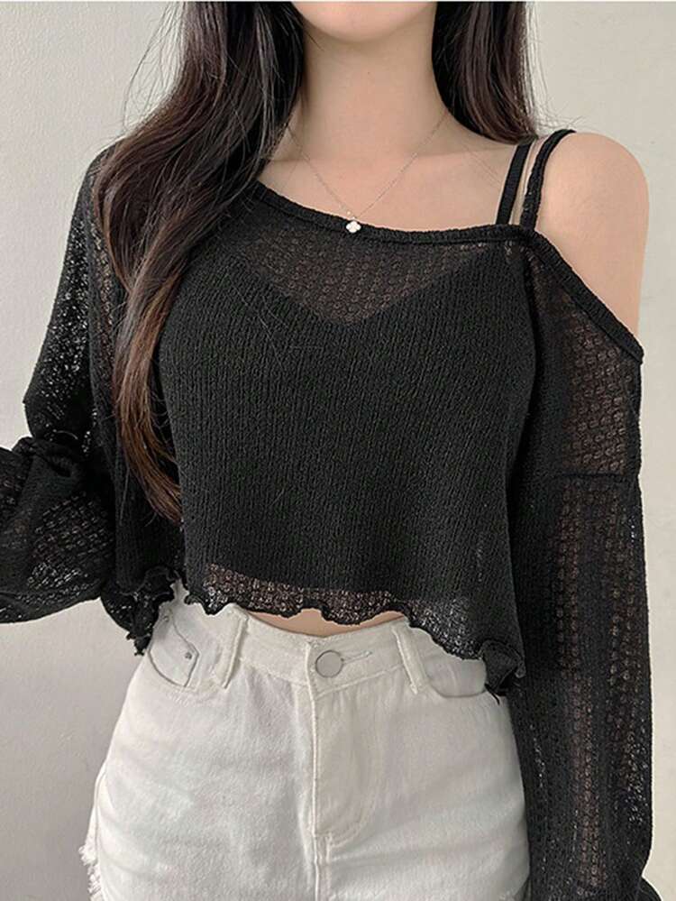 Women's Solid Color Asymmetric Collar Long Sleeve Cropped Loose T-Shirt, Spring & Summer,Fall Women Clothes