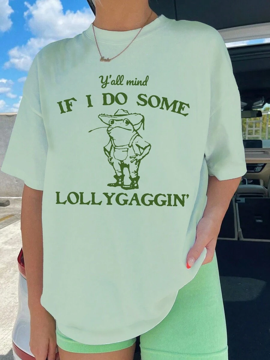 INAWLY Camiseta de manga corta con cuello redondo, estampado de dibujos animados y letras, verano para mujer - Verde - Ver 1